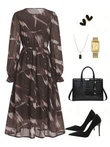 Ellevyn Women's Elegant Leopard Print Chiffon Flowy A-Line Lantern Sleeve Dress - Brown - View 2