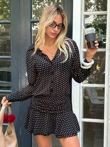 SHEIN EZwear 女式时尚通勤黑色波尔卡圆点中长连衣裙 - 黑與白 - 查看 6