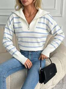 Women's Dropped Shoulder Long Sleeve Striped Half-Zip Loose Knit Sweater - Baby Blue - View 4