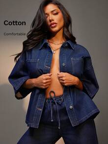 Denimoi 女士落肩袖宽松单排扣休闲口袋牛仔衬衫 - 深色水洗藍 - 查看 7