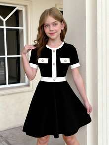 SHEIN Tween Girls Elegant Black And White Contrast Stitching Button Round Neck Short Sleeve A-Line Dress For Summer School Back-To-School College Style - Black and White - View 2