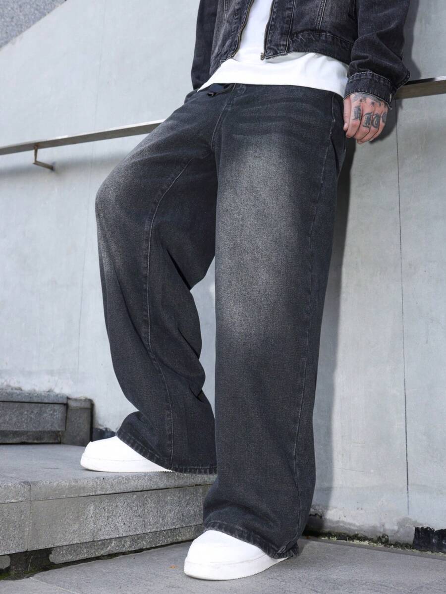 Manfinity Hypemode Quần jeans nam màu đen dáng rộng ống rộng, kiểu dáng thường ngày. - Màu xám đen - Xem 1