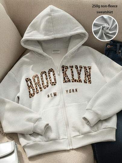 Teen Girl 250g Heavyweight Leopard Print & Letter Graphic Sweatshirt Jacket, Casual Street Style, Suitable For Spring & Autumn