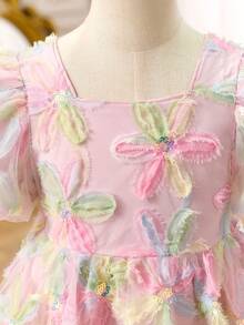 SHEIN 女童3D立体花卉网纱泡泡袖休闲连衣裙 - 淺粉色 - 查看 3