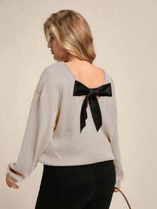Juhart Maglietta larga da donna con scollo a V, spalle scoperte e fiocco decorativo, taglie comode - Grigio - Visualizzare 3