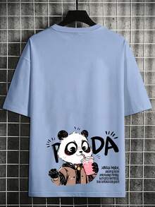 Manfinity Hypemode 男士休闲卡通标语印花T恤，夏季 - 藍色 - 查看 6