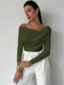 Firerie 女士优雅简约时尚性感日常通勤音乐节度假不对称领口垂褶长袖露脐白色上衣 - 軍綠色 - 查看 10