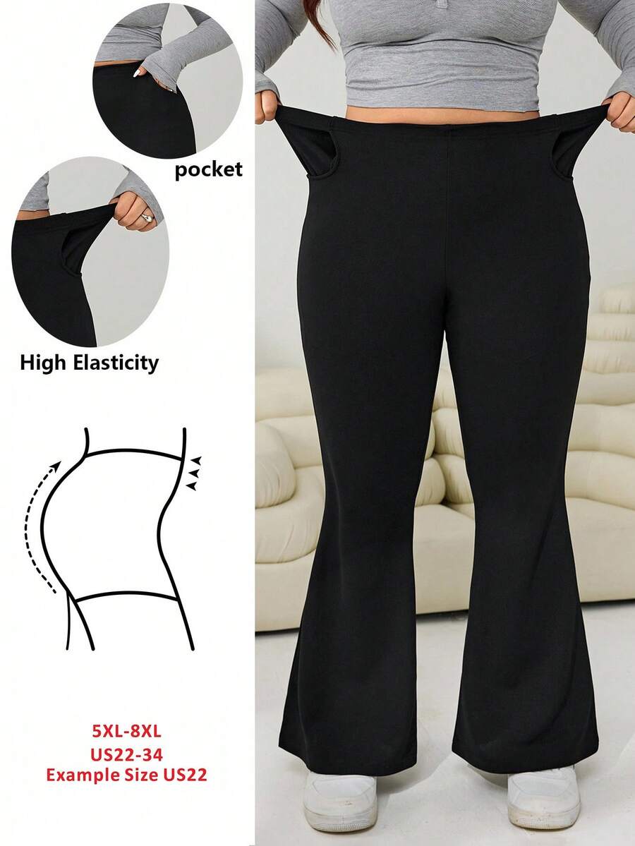 SHEIN CURVE+ 大码女式秋冬简约百搭带口袋黑色喇叭裤 - 黑色 - 查看 1