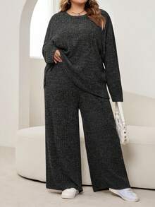 SHEIN CURVE+ 大码女式纯色简约日常穿搭圆领长袖上衣和裤子两件套 - 深灰色 - 查看 4