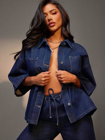 Denimoi 女士落肩袖宽松单排扣休闲口袋牛仔衬衫