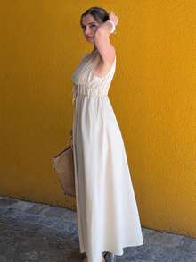 Jeta Ari Cotton & Linen Sleeveless A-Line Dress For Women, Spring/Summer Casual - Apricot - View 4
