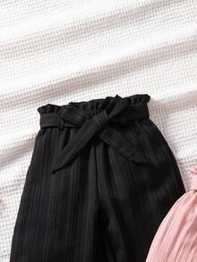 SHEIN 2pcs/Set Girls Textured Fabric Straight Leg Pants, Pink & Black, Comfortable Casual Everyday Wear - Multicolor - View 3