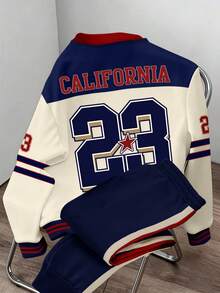 Manfinity Joysei 加州复古宽松圆领卫衣和运动裤套装，加州+23号校园图案印花，男女通用休闲圆领卫衣和运动裤套装 - 彩色 - 查看 2