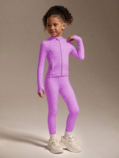 SHEIN Young Girls Lilac Purple Active Jacket & Leggings Set, Cute Lilac Floral Leopard Print, High Stretch Comfortable Fabric, Slim Fit, Suitable For Running, Fitness, Tennis, Badminton