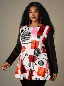 EMERY ROSE Camiseta de manga larga con cuello redondo y estampado para mujer de talla grande - Negro - Ver 6