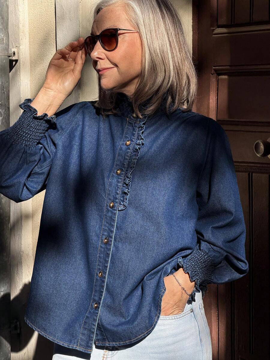 Livesso 女士休闲日常通勤荷叶边灯笼袖宽松牛仔衬衫，春秋季长袖