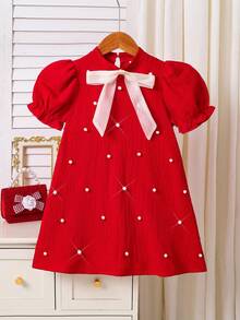 SHEIN 年轻女孩时尚优雅修身珍珠装饰泡泡袖A字编织纹理纯色连衣裙 - 紅色 - 查看 5