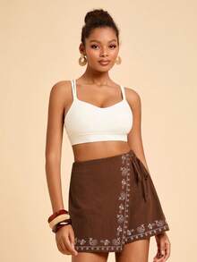Travachic Vacation Woven Cashew Print Asymmetric Hem Skirt Pants For Women Beach Cover Up Skirt - Brown - View 5