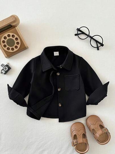 SHEIN 3pcs/Set Baby Boys' Casual Versatile Turndown Collar Front Button Chest Pocket Long Sleeve Tops