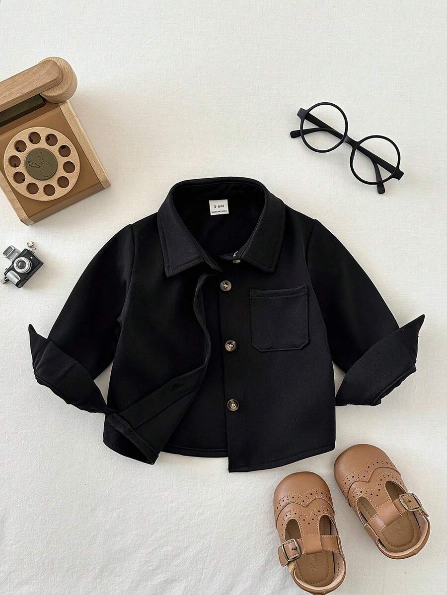 SHEIN 3件套男婴休闲百搭翻领前襟纽扣胸袋长袖上衣 - 黑色 - 查看 1
