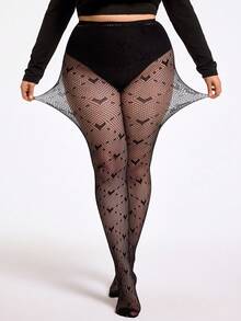 SHEIN CURVE+ CURVE PLUS /情人节/加大码女士爱心网纱透视打底裤，适合夜间外出、郊游、音乐节、情人节约会 - 黑色 - 查看 8