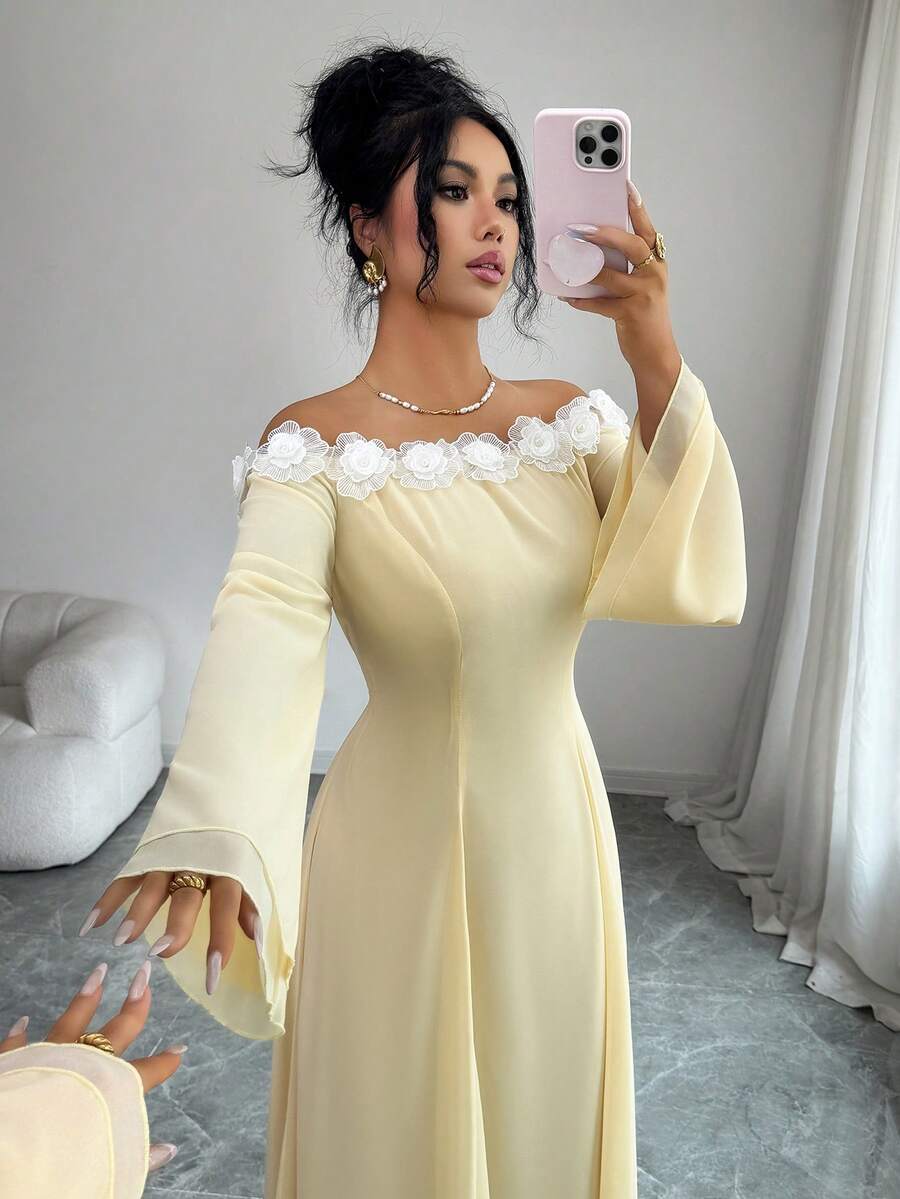 Feyla Women's Colorblock Floral Decor Off Shoulder Casual Midi Dress, Minimalist Daily Wear - Light Yellow - View 1
