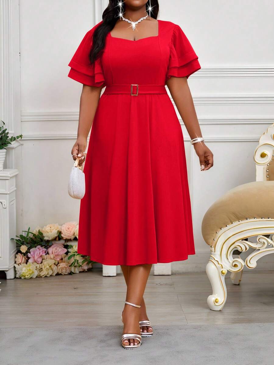 SHEIN Lady Đầm dạ hội mùa xuân hè thanh lịch, sang trọng, cổ bẻ xếp lớp, phối sequin tương phản, tay ngắn, dáng midi, cỡ lớn, thích hợp cho tiệc cưới, tiệc cocktail, hòa nhạc/lễ hội âm nhạc. Đầm dự tiệc cho phụ nữ. - Đỏ - Xem 1