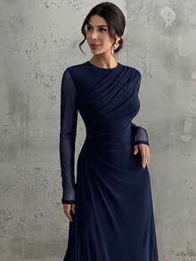 Firerie فستان ماكسي أنيق للنساء بأكمام طويلة وياقة مستديرة وخصر منتفخ، لون أصفر فاتح، مناسب للمناسبات الرسمية والعمل والعطلات والحفلات والأسلوب الكلاسيكي - أزرق بحري - مشاهدة 2