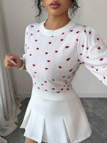 SHEIN Elenzya Women's Casual Colorblock Heart Knit Sweater Top - White - View 7