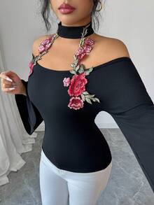 Elenzga Women's Elegant Round Neck Halter Open Shoulder Black T-Shirt With Red Flower And Green Leaf Lace Trim Flare Sleeves, Suitable For Spring, Summer, Autumn, Winter, Party, New Year, Thanksgiving, Wedding Season, Valentine's Day, Easter, Casual Wear - Black - View 5