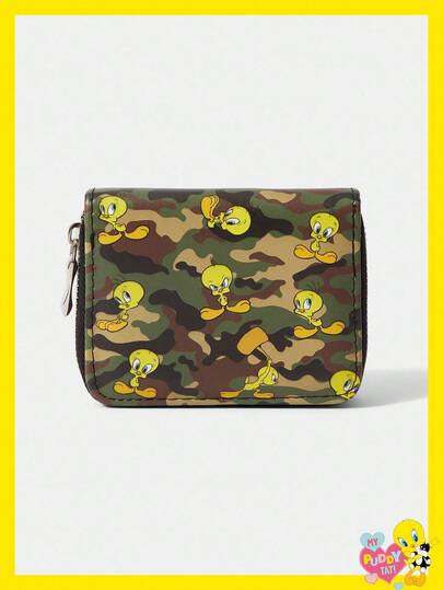 LOONEY TUNES X SHEIN 1개 풀 프린트 카모플라주 오리 디자인 미니멀리스트 스타일 지퍼 동전 지갑, 여성에게 적합