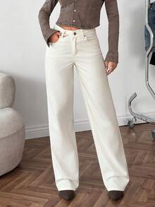 EURMUSE 100% Coton Jean droit taille haute décontracté blanc - Blanc - Voir 6