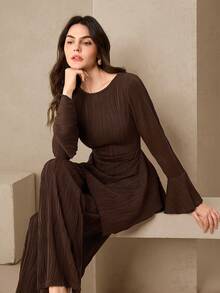 Modelyn 2pcs Coffee Brown Textured Fitted Women Set, Autumn/Winter - Coffee Brown - View 8