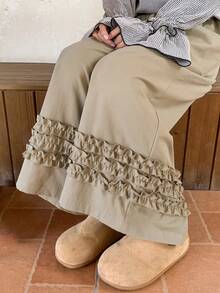 FRIFUL 女士弹力腰宽松阔腿裤，多层荷叶边裤脚，九分裤长 - 杏色 - 查看 7