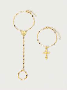 Glisma 2 Pieces Set: Versatile Fashion Gold Religious Cross Pendant Bracelet With Classic Adjustable Finger Ring Chain Jewelry, Suitable For Daily Wear - Multicolor - View 3