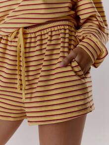 MUSERA Quần short cạp chun, buộc dây phía trước, dáng rộng, chất liệu mềm mại, kẻ sọc, chỉ có ở mùa thu, ấm áp, dễ thương, thường ngày, thích hợp cho quán cà phê, câu lạc bộ, thanh lịch, mùa xuân và hè. - Màu vàng - Xem 6