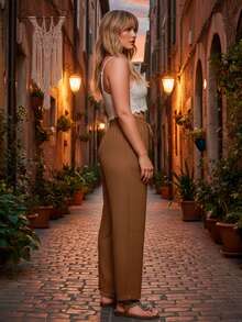 Pantalón de pierna ancha para mujer, clásico y casual, tela viscosa y nailon, apto para temporadas de primavera y verano, ajuste de cintura natural con resorte ligero y cordón para un mejor ajuste. Bolsillos laterales funcionales. Interior muy suave, fresco y ligero con tu piel. - Café integral - Ver 2