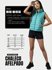 Chaleco corto, afelpado y acolchado para mujer, clásico, casual y elegante, multicolor, tela de poliéster, apto para temporadas de otoño e invierno. Cuello alto, sin mangas. Interior afelpado, cálido, suave y muy cómodo. Ajuste regular con cremallera. Bolsillos frontales funcionales. Te llegará un chaleco en color al azar. - Multicolor - Ver 5
