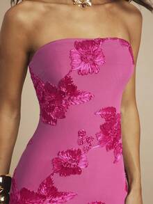 Silquee 3D立体花卉性感紧身吊带连衣裙 - 玫紅色 - 查看 6