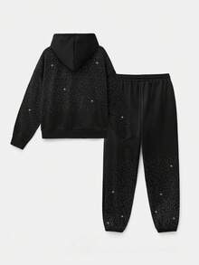 Manfinity VCAY Men's Hooded Sweatshirt Set Relaxed Fit Stylish Rhinestone Gradient Embellishment Two Pieces Sweatshirt Set - Black - View 4
