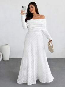 Firerie 大码纯色露肩荷叶边优雅长袖连衣裙 - 白色 - 查看 3