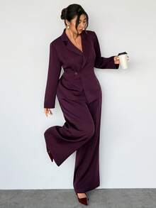 Firerie Conjunto de chaqueta y pantalones de unicolor elegante para talla grande - Burdeos - Ver 1