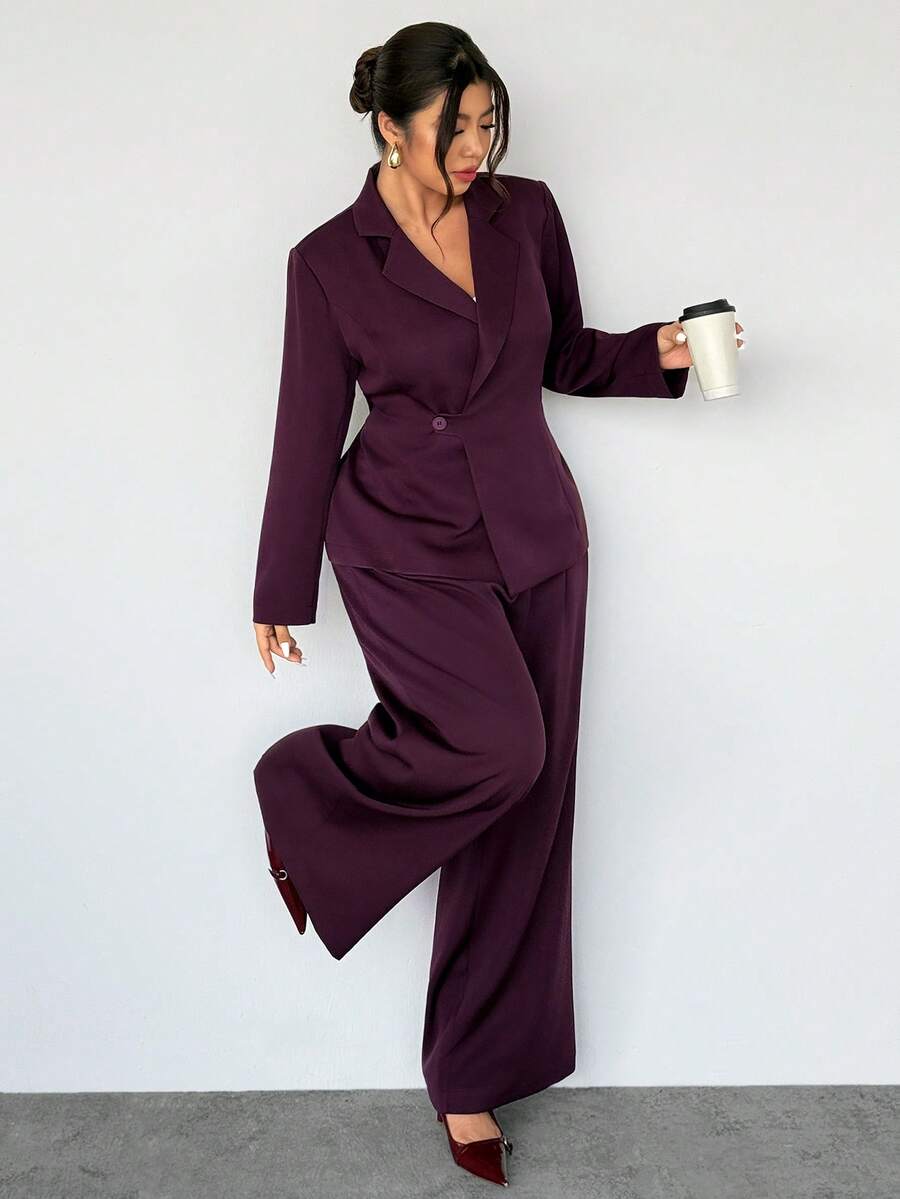 Firerie Conjunto de chaqueta y pantalones de unicolor elegante para talla grande - Burdeos - Ver 1