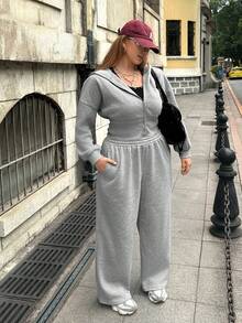 SHEIN EZwear 大码女式纯色落肩长袖拉链连帽衫和运动裤休闲两件套，秋冬款 - 香檳色 - 查看 3