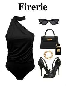 Firerie بودي سويت نسائي بياقة مكشكشة غير متماثلة ظهر مكشوف بلون بني موكا، بودي سويت عصري مناسب للربيع والصيف والخريف والشتاء، مناسب للذهاب إلى العمل، أنيق، جذاب، للعطلات، الشاطئ، البوهيمي، هاواي، مهرجانات الموسيقى، الحفلات - الأسود - مشاهدة 6