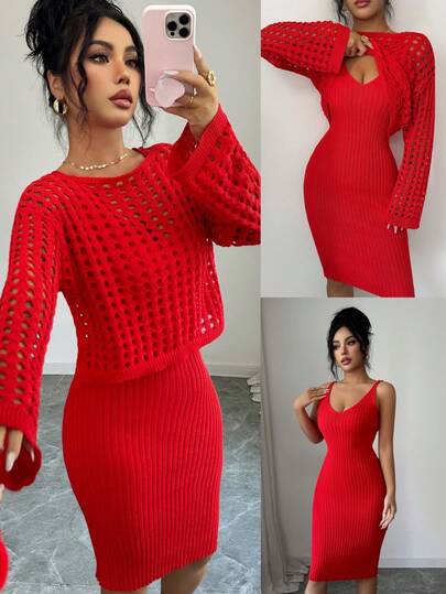 SHEIN Elenzya Women's Spring/Autumn Red Spaghetti Strap Dress With Hollow Out Round Neck Long Sleeve Sweater 2-Piece Set, Vintage Stockholm Style, Streetwear, Elegant, Versatile Outfit For Dating, Work, Thanksgiving, Party