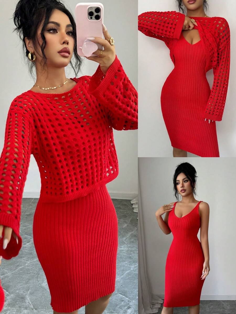 SHEIN Elenzya Women's Bright Red Autumn Chic Night Out 2-Piece Set,Hollow Out Long Sleeve Sweater & Spaghetti Strap Dress,Vintage Stockholm Style Elegant Outfit - Red - View 1