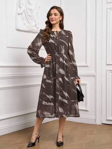Ellevyn Women's Elegant Leopard Print Chiffon Flowy A-Line Lantern Sleeve Dress - Brown - View 8