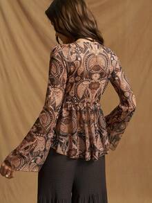 SHEIN ICON Women's Vintage Floral Print Front Tie Flare Sleeve Sheer Mesh Top - Multicolor - View 2