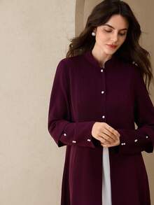 Graceveil Women's Elegant Fitted Abaya Robe, Solid Color, Autumn/Winter - Burgundy - View 1